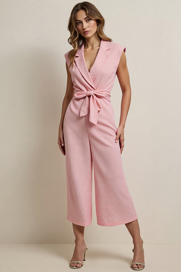 Pink Notched Lapel Satin Work Jumpsuits with Sash